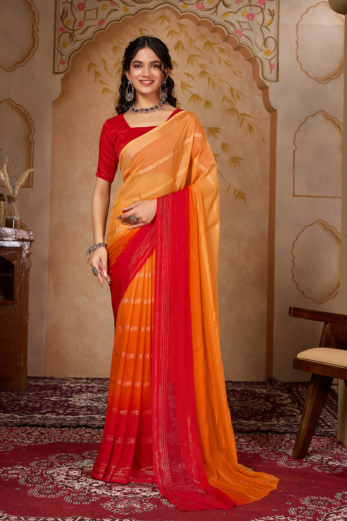 ANAND SAREES Georgette Striped Ilkal Saree With Unstitched Blouse Piece ( Orange ) ANAND SAREES Georgette Striped Ilkal Saree With Unstitched Blouse Piece ( Orange )