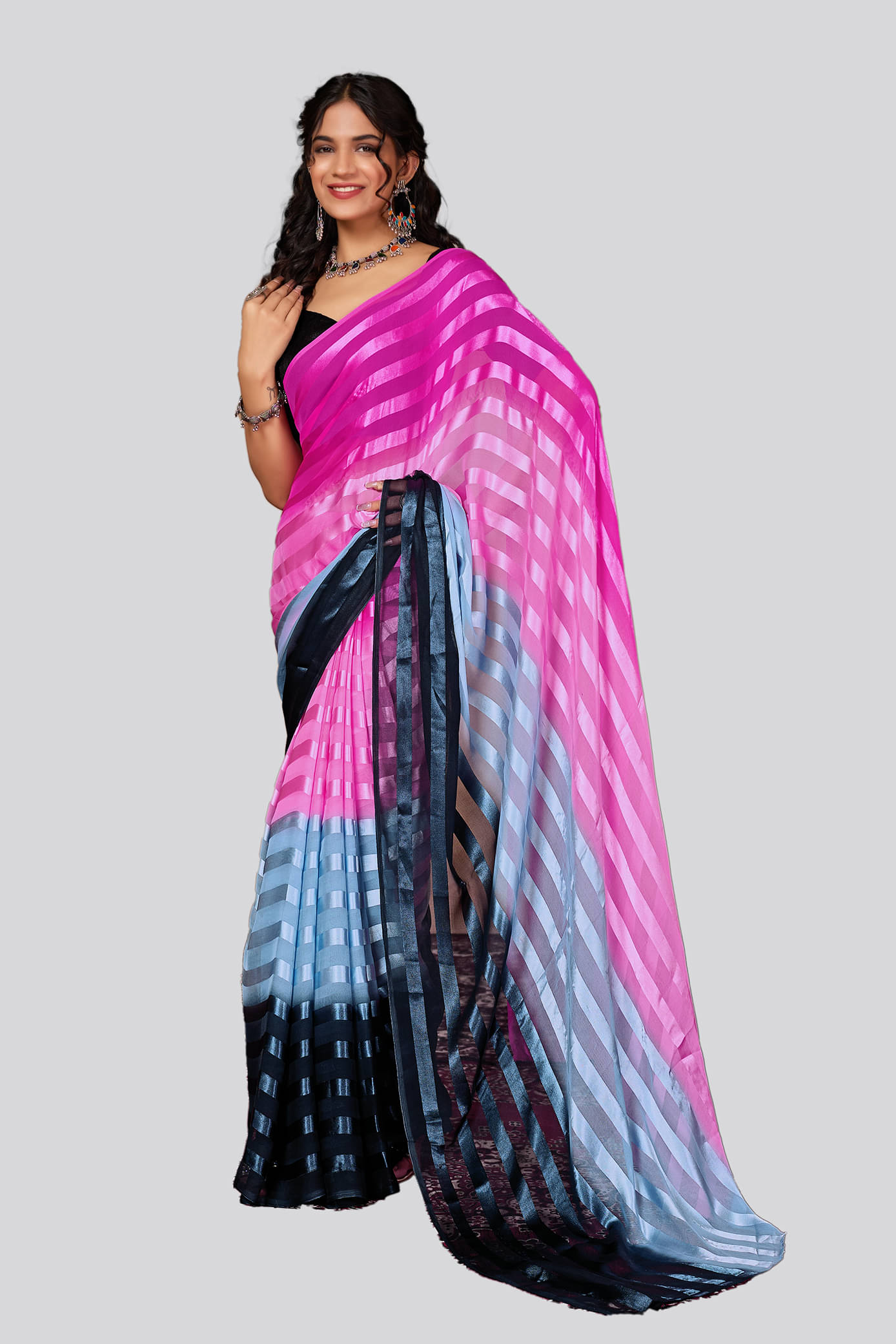 ANAND SAREES Georgette Striped Ilkal Saree With Unstitched Blouse Piece ( Pink ) ANAND SAREES Georgette Striped Ilkal Saree With Unstitched Blouse Piece ( Pink )