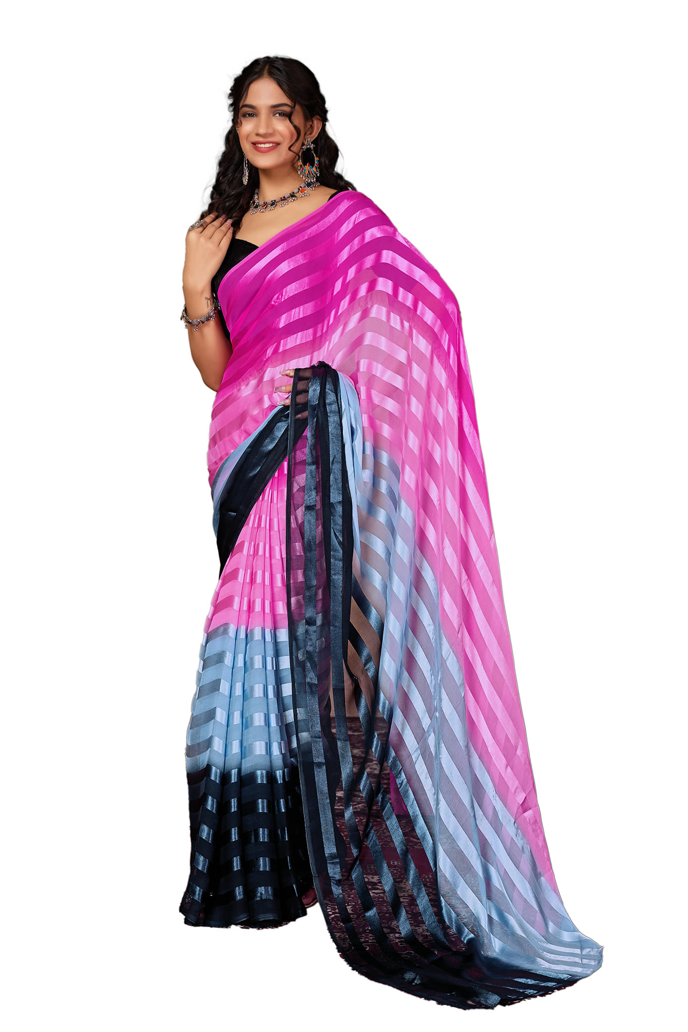ANAND SAREES Georgette Striped Ilkal Saree With Unstitched Blouse Piece ( Pink ) ANAND SAREES Georgette Striped Ilkal Saree With Unstitched Blouse Piece ( Pink )