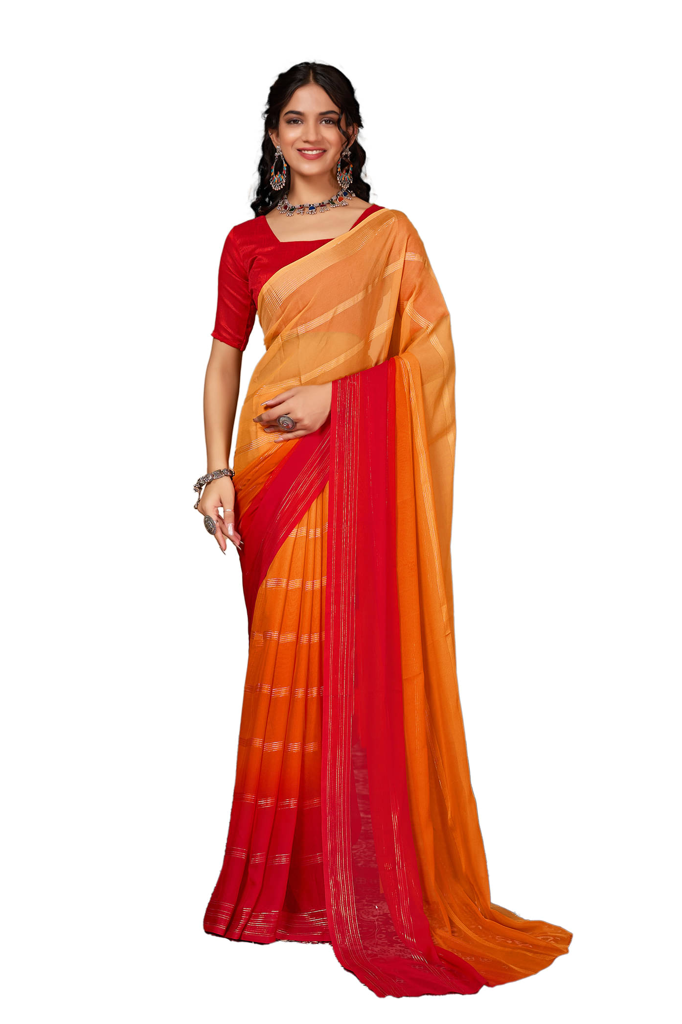 ANAND SAREES Georgette Striped Ilkal Saree With Unstitched Blouse Piece ( Orange ) ANAND SAREES Georgette Striped Ilkal Saree With Unstitched Blouse Piece ( Orange )