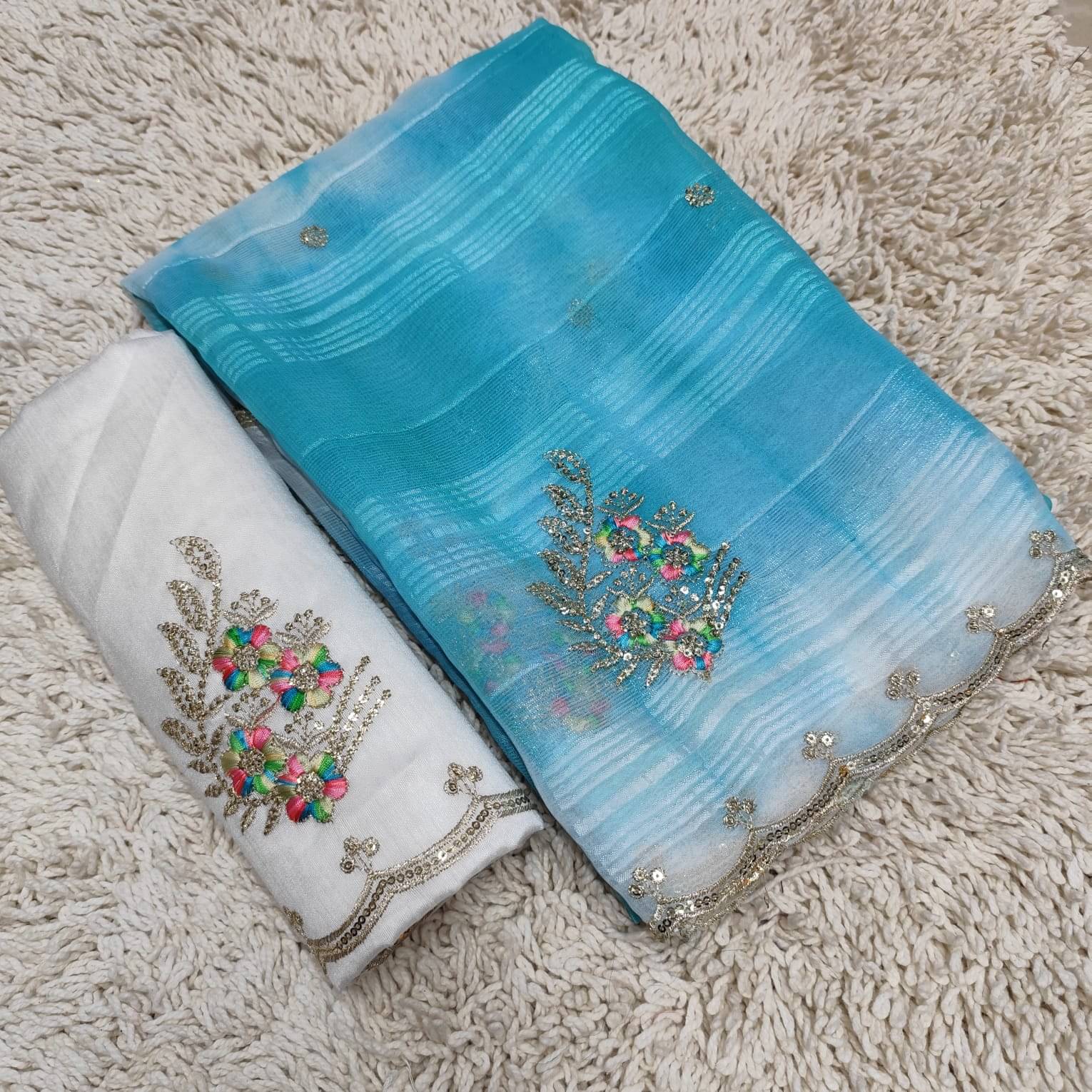 Avenue Creation Chiffon Embroidered Regular Saree With Unstitched Blouse Piece ( Turquoise ) Avenue Creation Chiffon Embroidered Regular Saree With Unstitched Blouse Piece ( Turquoise )