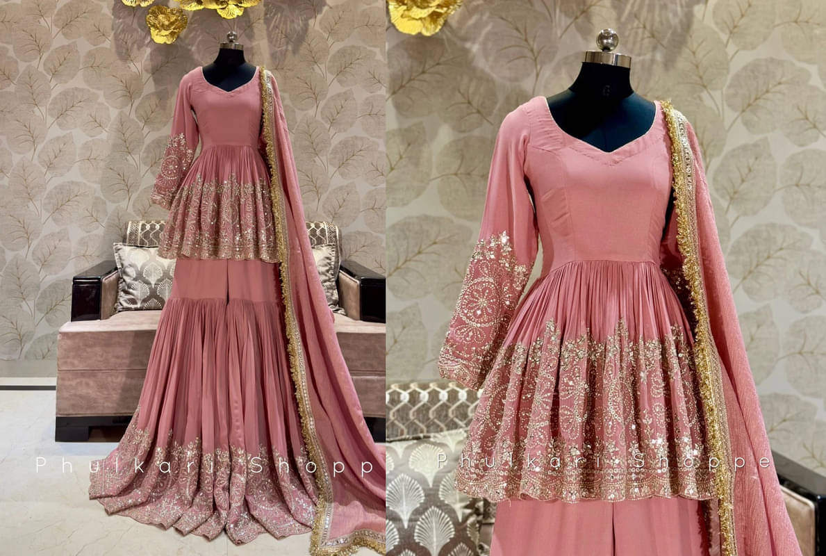 BHAGYASHRAY Women Georgette Embroidered Straight Kurti With Sharara And Gharara ( Peach ) BHAGYASHRAY Women Georgette Embroidered Straight Kurti With Sharara And Gharara ( Peach )