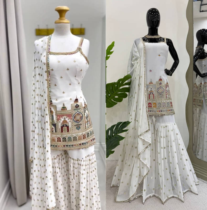 BHAGYASHRAY Women Georgette Embroidered Straight Kurti With Sharara And Gharara ( White ) BHAGYASHRAY Women Georgette Embroidered Straight Kurti With Sharara And Gharara ( White )
