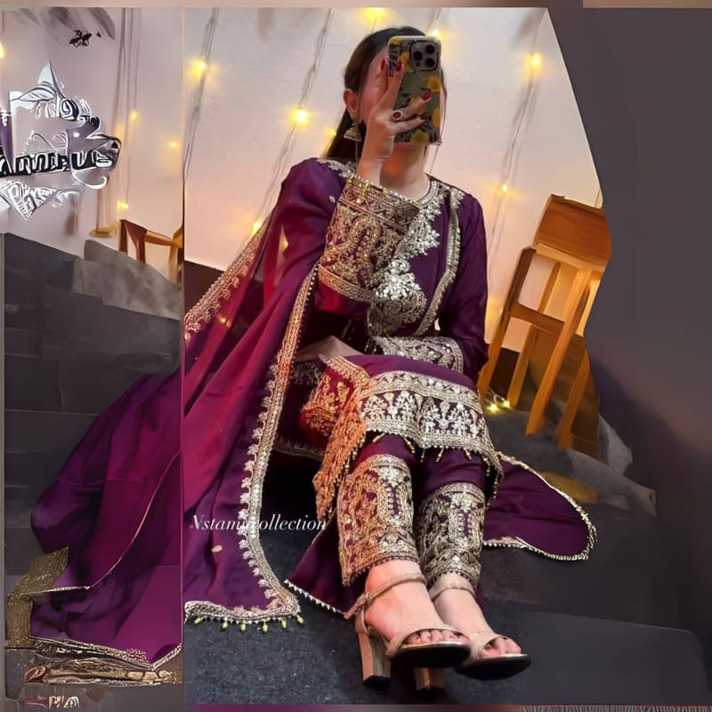     			BHAGYASHRAY Women Silk Embroidered Straight Kurti With Pants ( Wine )
