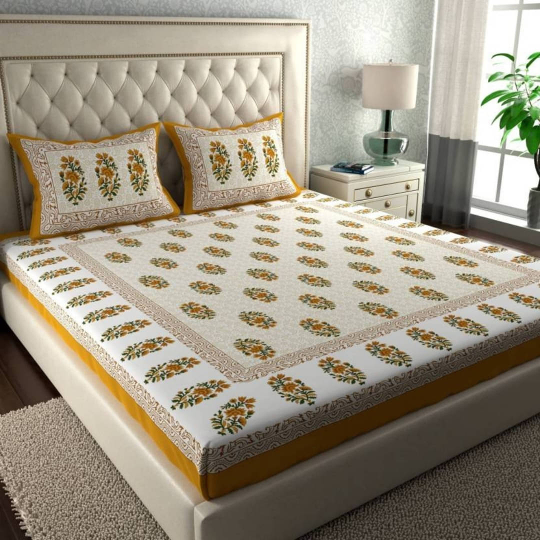     			COZYKO Cotton 1 Double Bedsheet with 2 Pillow Covers ( Yellow )