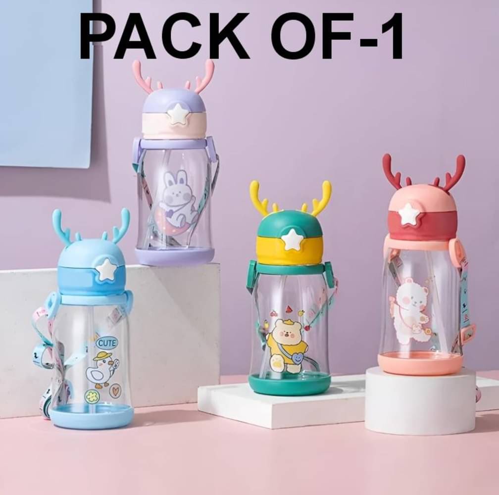     			Cartoon Design Water Bottle with Straw & Strap BPA Free Non-Toxic, Anti-Leak Water Bottle for Kids, School, Home (600ML) { PACK OF 1 ANY RANDOM COLOUR }
