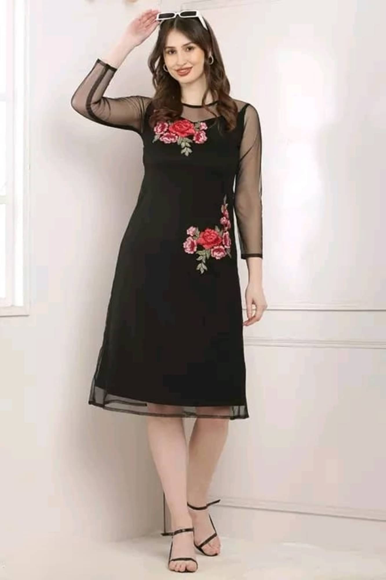     			Divine Bezz Women Net Printed Fit & Flare Dress ( Black )