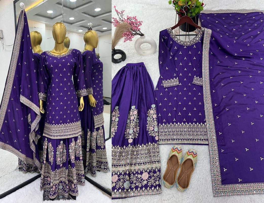     			Dulhan Saree Women Chiffon Embroidered Straight Kurti With Sharara And Gharara ( Purple )