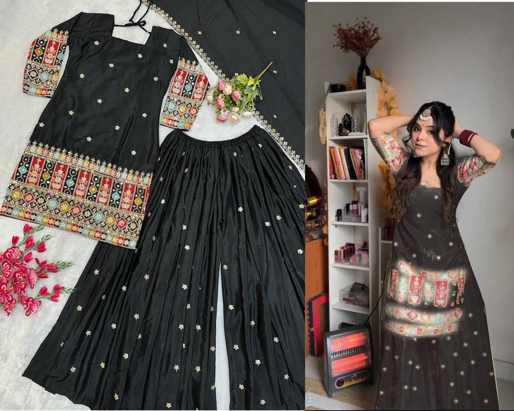 Dulhan Saree Women Silk Embroidered Straight Kurti With Sharara And Gharara ( Black ) Dulhan Saree Women Silk Embroidered Straight Kurti With Sharara And Gharara ( Black )