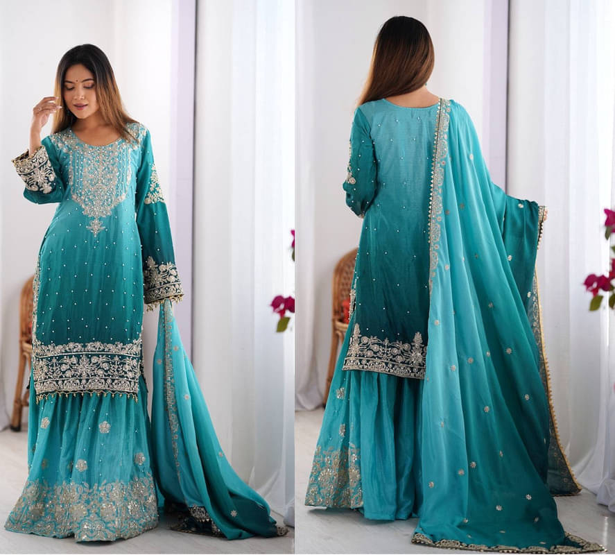     			Dulhan Saree Women Silk Embroidered Straight Kurti With Sharara And Gharara ( Teal )