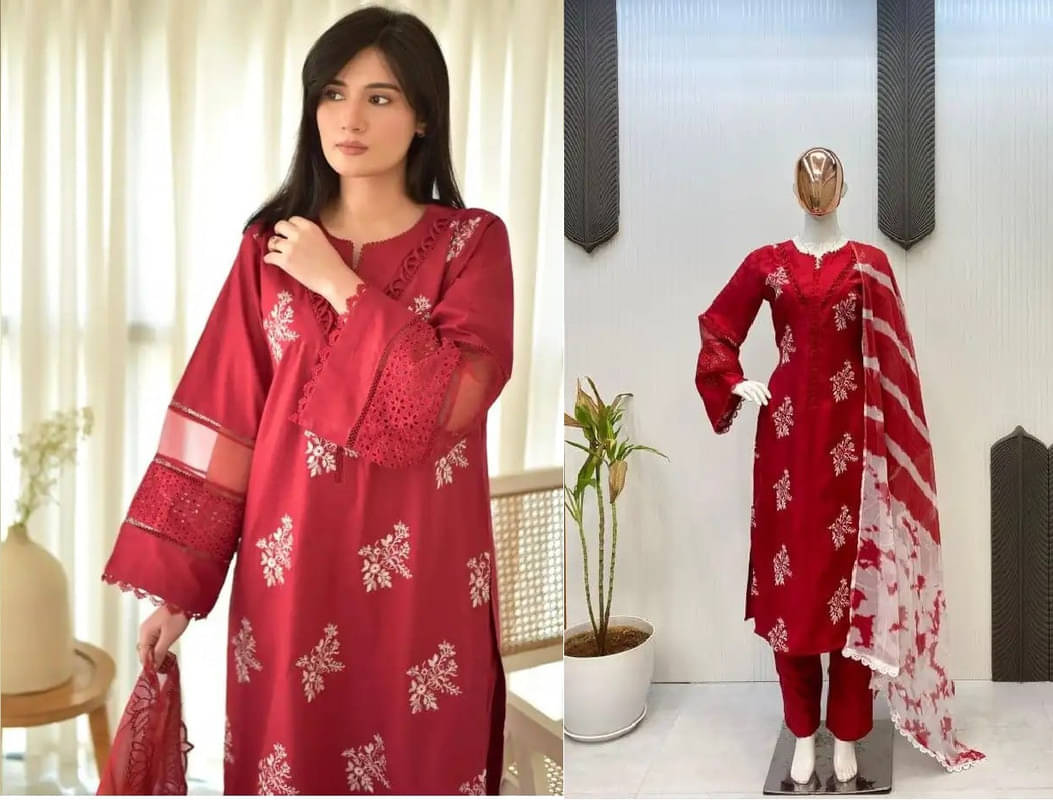     			Dulhan Saree Women Silk Embroidered Straight Kurti With Pants ( Red )