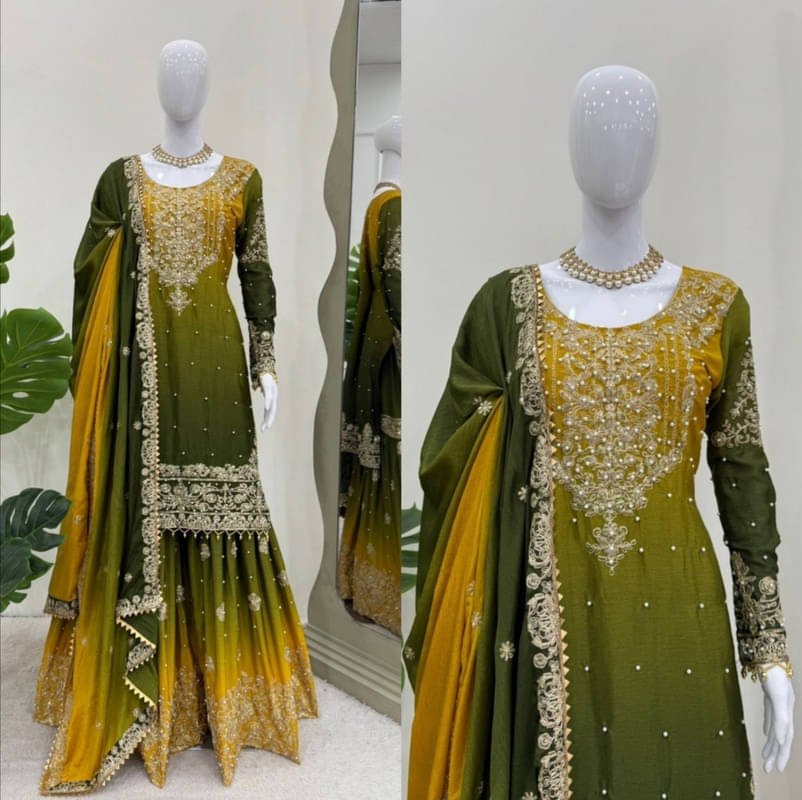     			Dulhan Saree Women Silk Embroidered Straight Kurti With Sharara And Gharara ( Green )