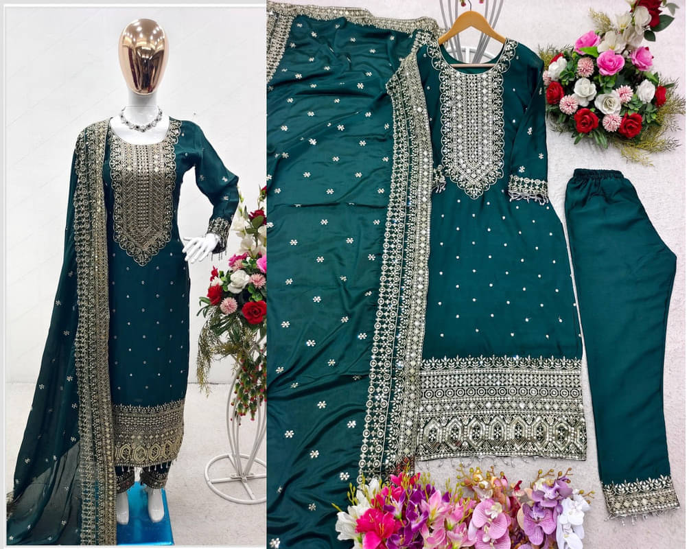     			Dulhan Saree Women Silk Embroidered Straight Kurti With Pants ( Blue )