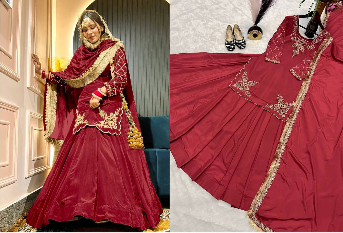     			Garv Enterprises Women Silk Embroidered Straight Kurti With Sharara And Gharara ( Maroon )
