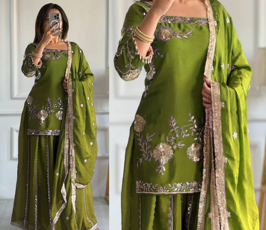 Garv Enterprises Women Silk Embroidered Straight Kurti With Sharara And Gharara ( Green ) Garv Enterprises Women Silk Embroidered Straight Kurti With Sharara And Gharara ( Green )