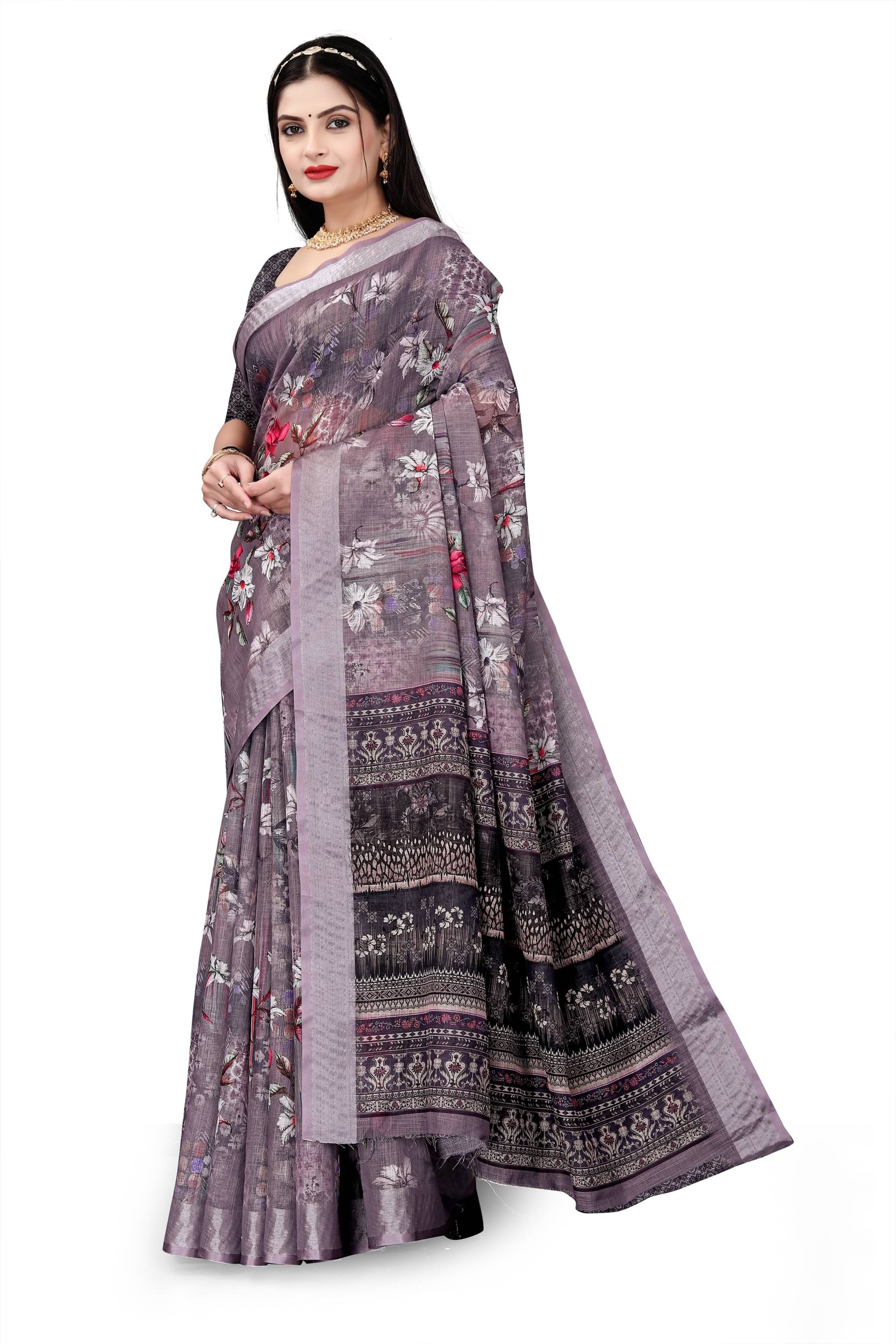Grubstaker Linen Printed Regular Saree With Unstitched Blouse Piece ( Multicolor 1 ) Grubstaker Linen Printed Regular Saree With Unstitched Blouse Piece ( Multicolor 1 )