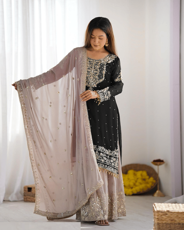 HEXA INFOSYS Women Georgette Embroidered Straight Kurti With Sharara And Gharara ( Black ) HEXA INFOSYS Women Georgette Embroidered Straight Kurti With Sharara And Gharara ( Black )