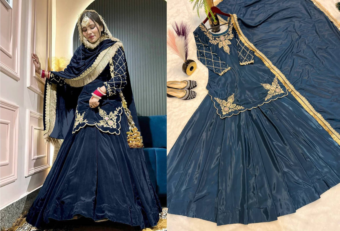     			HEXA INFOSYS Women Silk Embroidered Straight Kurti With Sharara And Gharara ( Navy Blue )