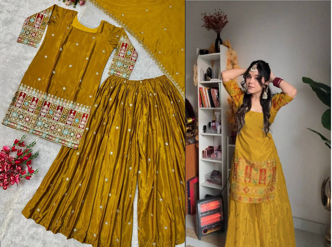     			HEXA INFOSYS Women Silk Embroidered Straight Kurti With Sharara And Gharara ( Gold )
