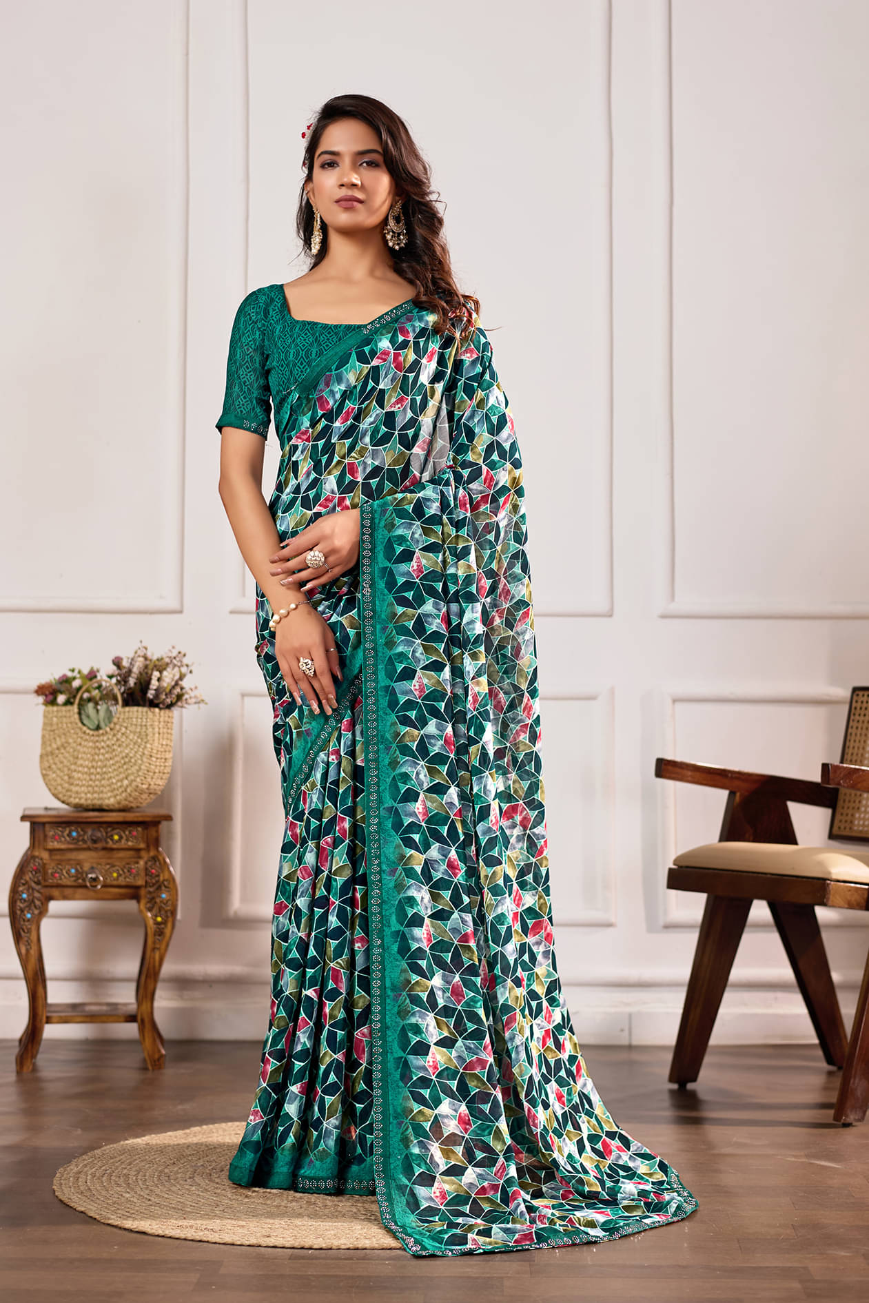     			Kashvi Sarees Georgette Printed Ilkal Saree With Unstitched Blouse Piece ( Rama )