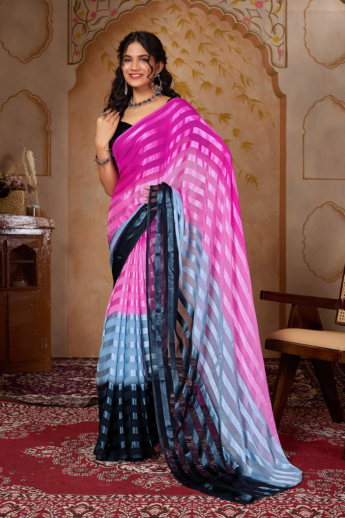     			Kashvi Sarees Georgette Striped Ilkal Saree With Unstitched Blouse Piece ( Pink )