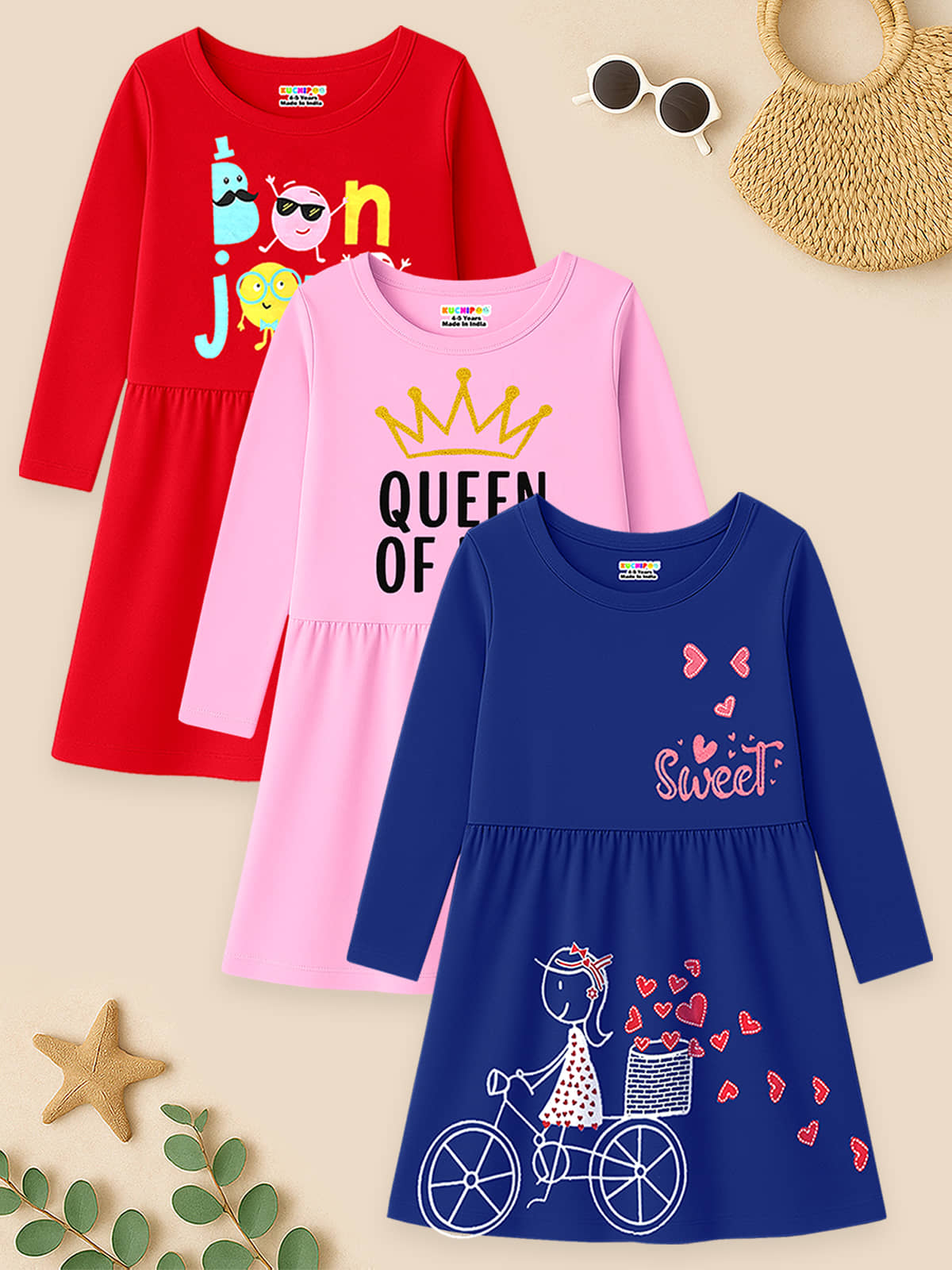 Kuchipoo Cotton Blend Dress For Girls ( Pack of 3 , Multicolor )