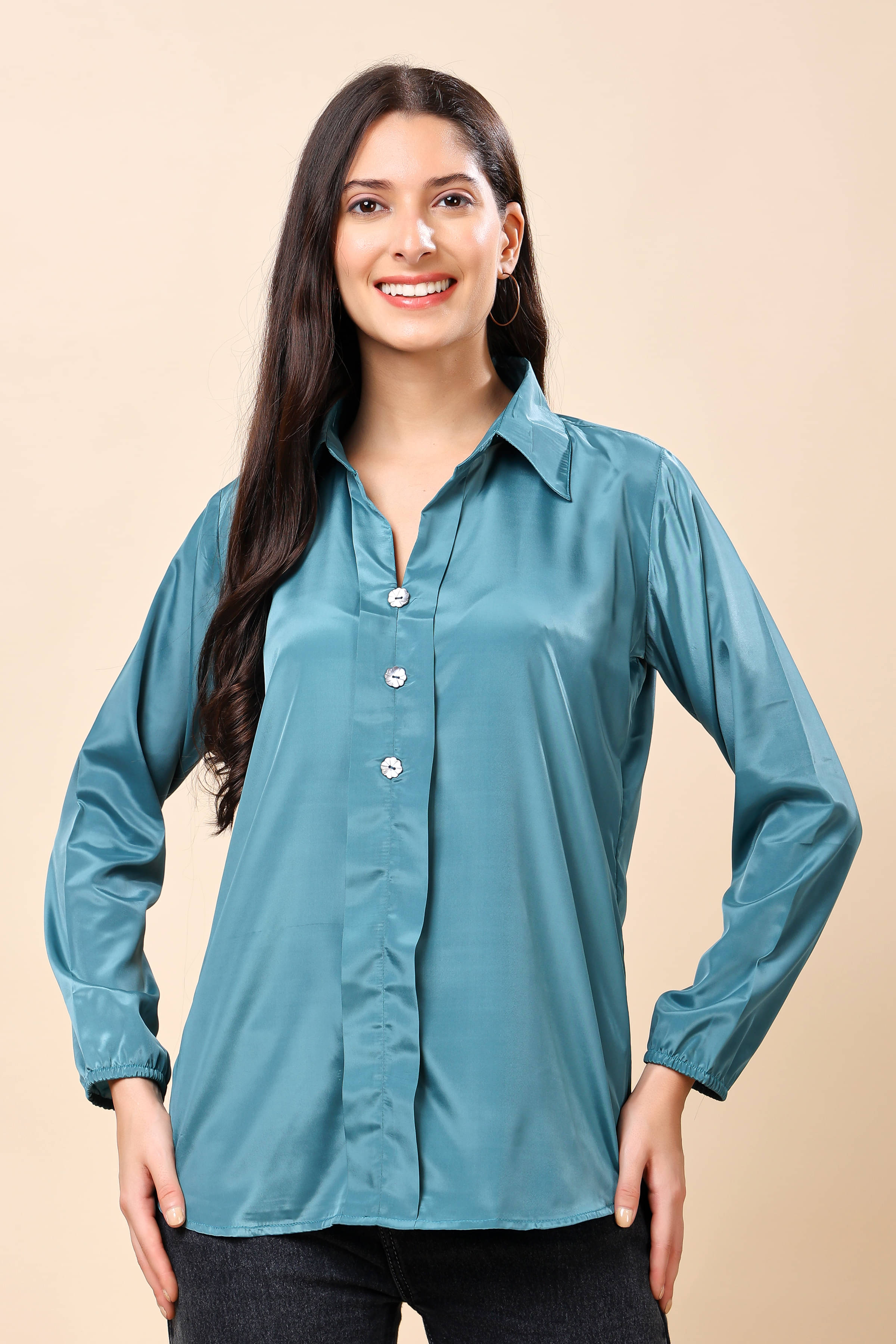     			LAIBAA Women's Satin Regular Top ( Blue )