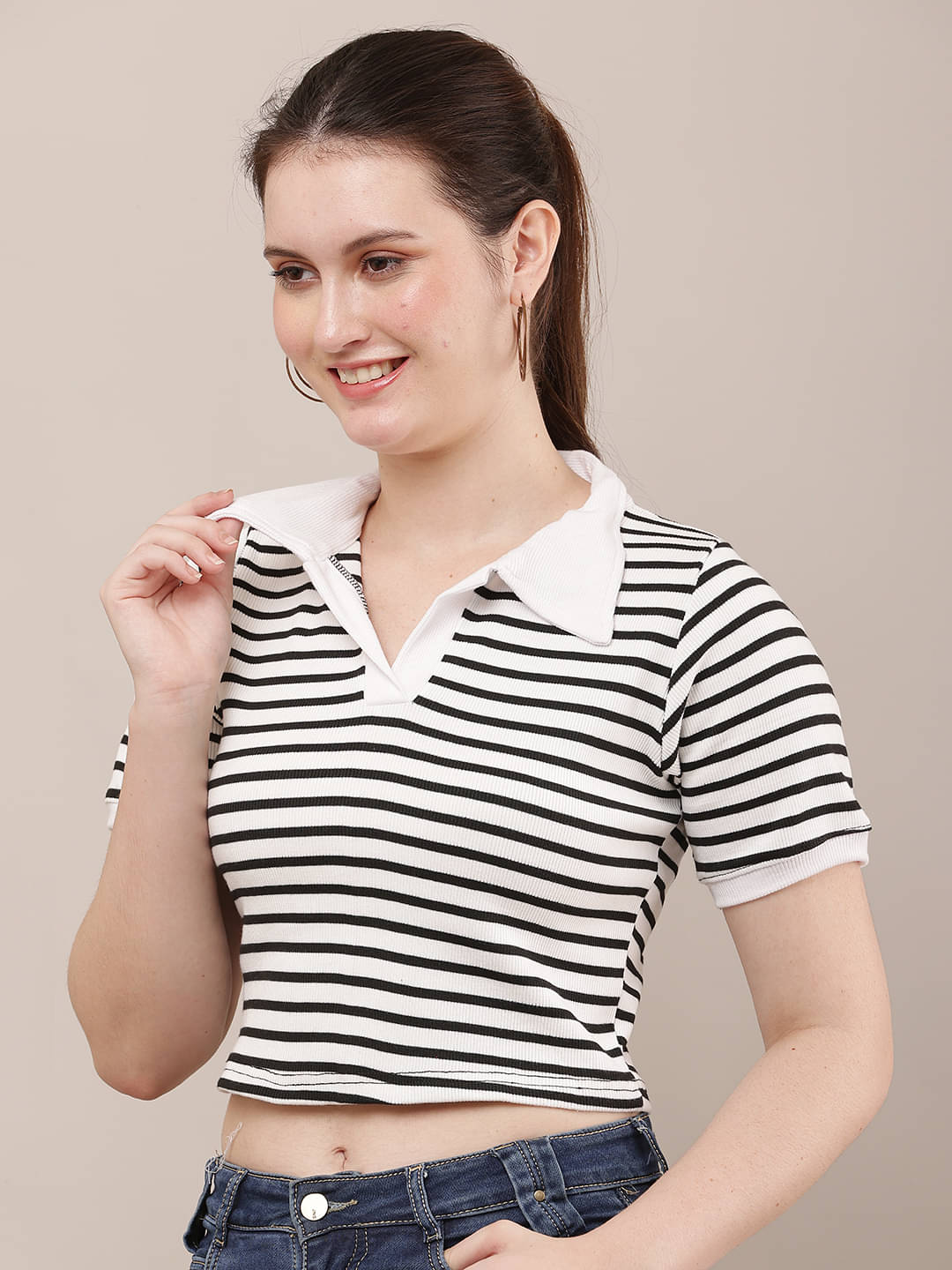     			RAABTA FASHIION Women Lycra Striped Regular Fit Polo Collar T-Shirt ( White )