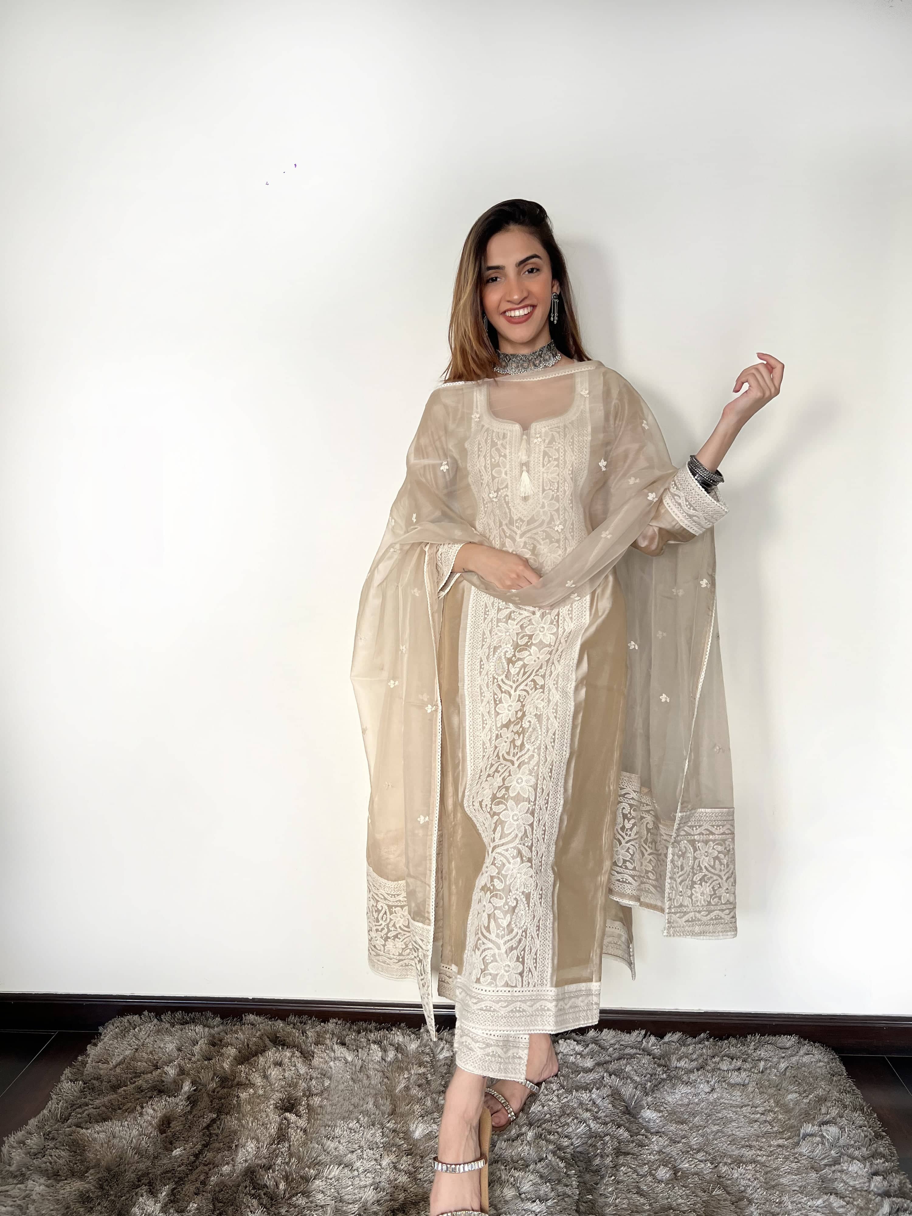 Royal Export Women Chanderi Embroidered Straight Kurti With Pants ( Beige )