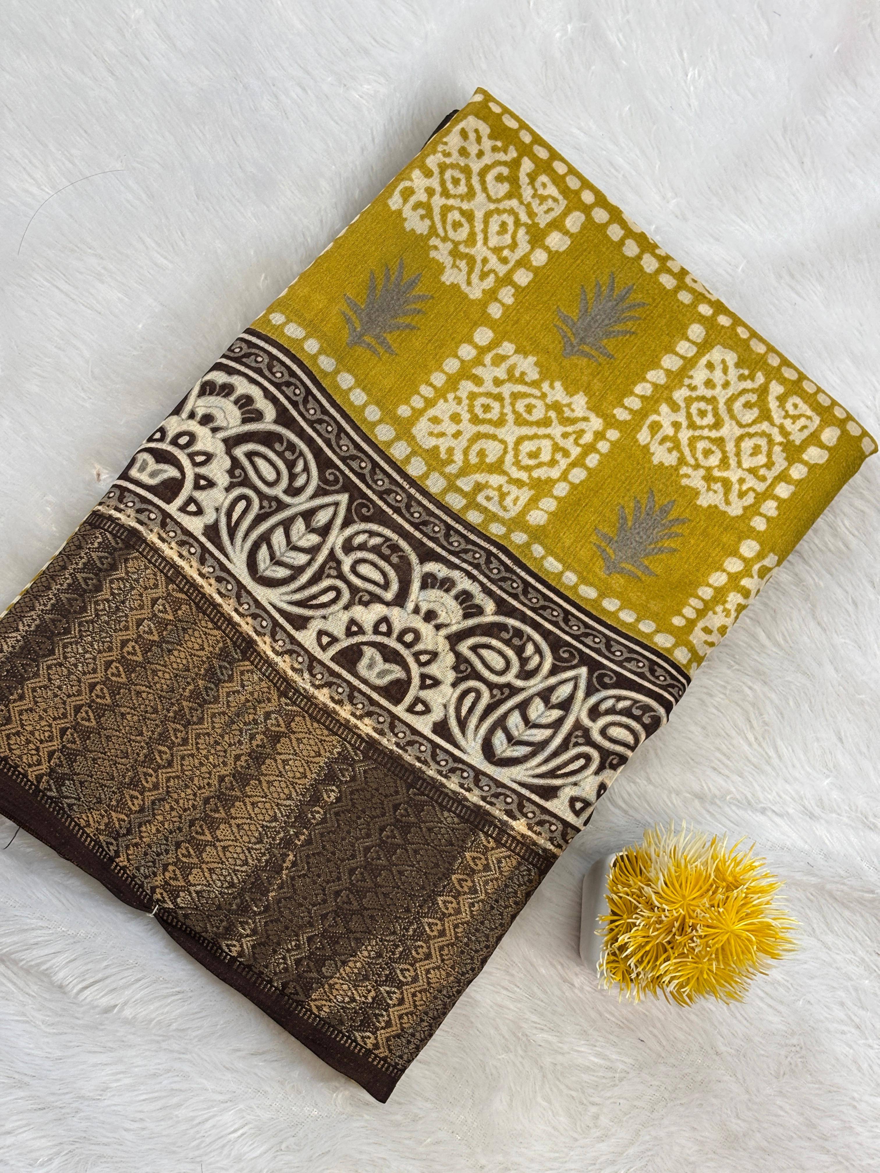 SHRIMORI Silk Printed Sambalpuri Saree With Unstitched Blouse Piece ( Yellow ) SHRIMORI Silk Printed Sambalpuri Saree With Unstitched Blouse Piece ( Yellow )