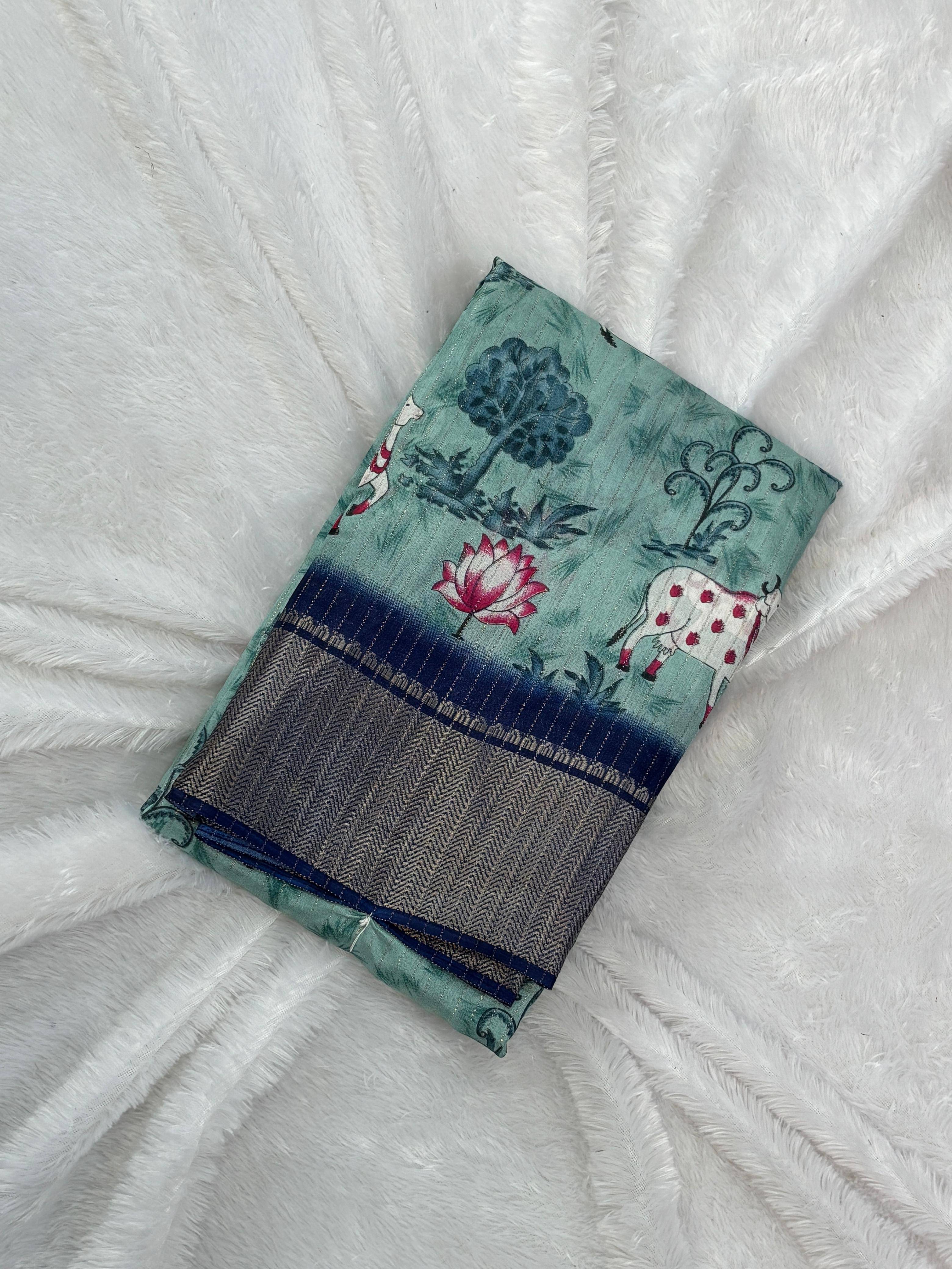 SHRIMORI Silk Printed Sambalpuri Saree With Unstitched Blouse Piece ( Sky Blue ) SHRIMORI Silk Printed Sambalpuri Saree With Unstitched Blouse Piece ( Sky Blue )