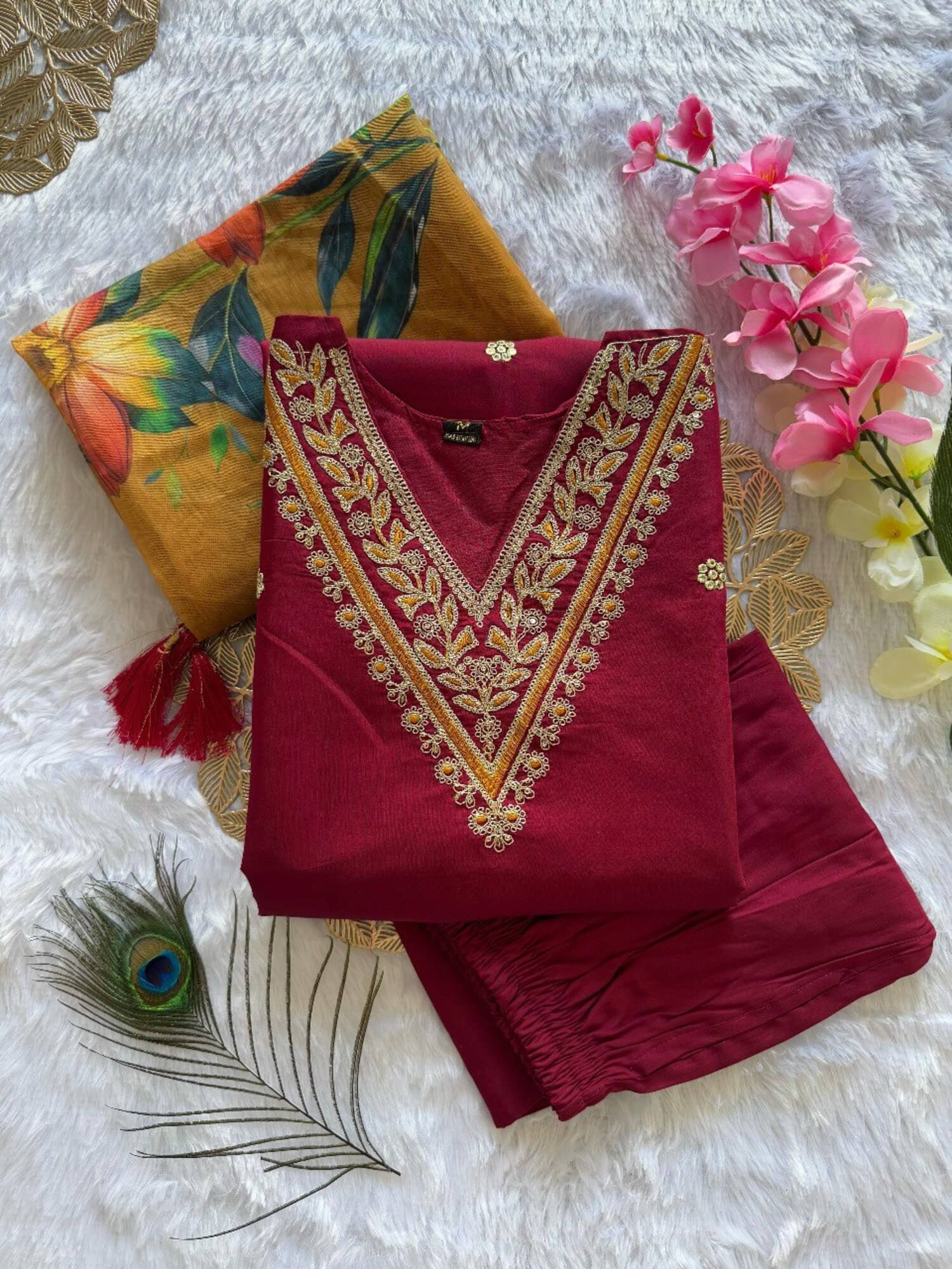VT NX Women Viscose Embroidered Straight Kurti With Pants ( Maroon )     			VT NX Women Viscose Embroidered Straight Kurti With Pants ( Maroon )