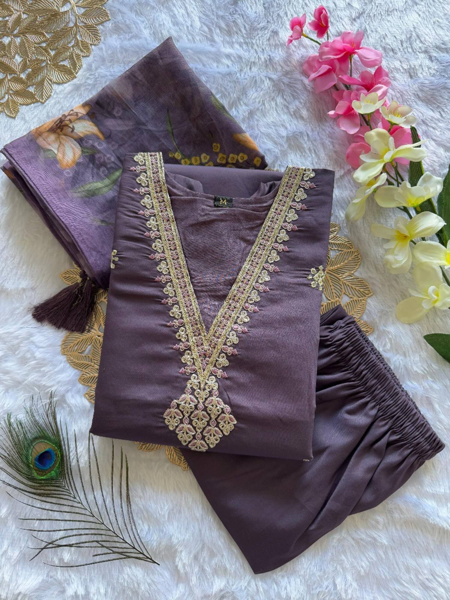    			VT NX Women Viscose Embroidered Straight Kurti With Pants ( Purple )