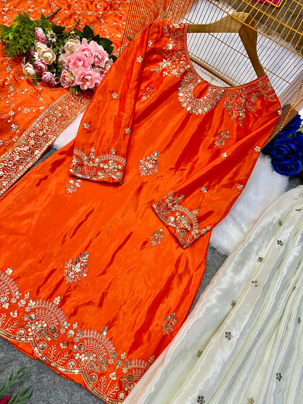 VYOM EMPORIO Women Silk Embroidered Straight Kurti With Sharara And Gharara ( Orange )