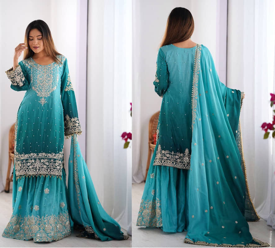 VYOM EMPORIO Women Silk Embroidered Straight Kurti With Sharara And Gharara ( Teal )