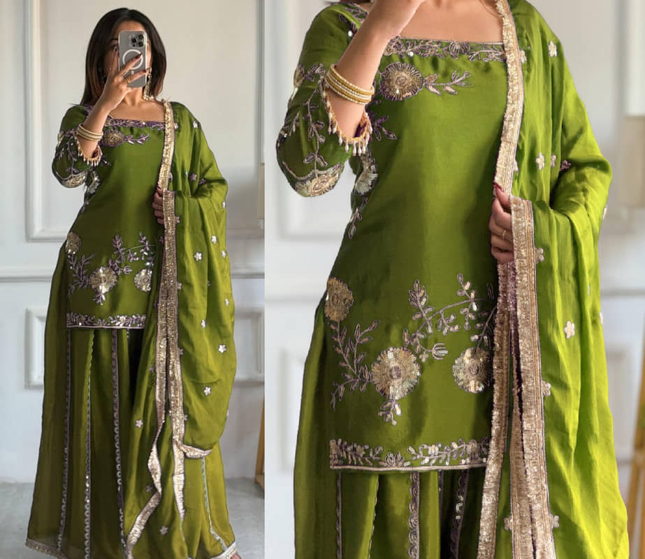 VYOM EMPORIO Women Silk Embroidered Straight Kurti With Sharara And Gharara ( Green )