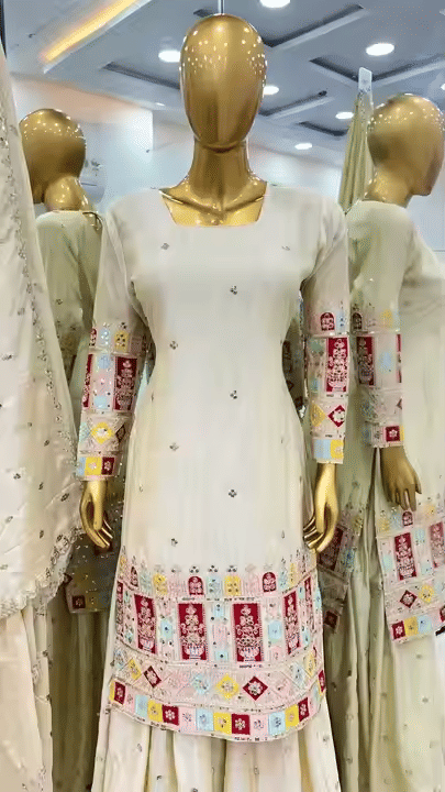 VYOM EMPORIO Women Silk Embroidered Straight Kurti With Sharara And Gharara ( Cream ) VYOM EMPORIO Women Silk Embroidered Straight Kurti With Sharara And Gharara ( Cream )