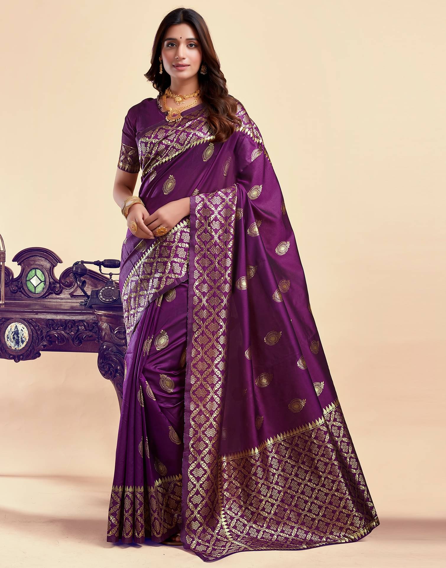 WOVEN STOCK Cotton Silk Self Design Banarasi saree With Unstitched Blouse Piece ( Purple )     			WOVEN STOCK Cotton Silk Self Design Banarasi saree With Unstitched Blouse Piece ( Purple )