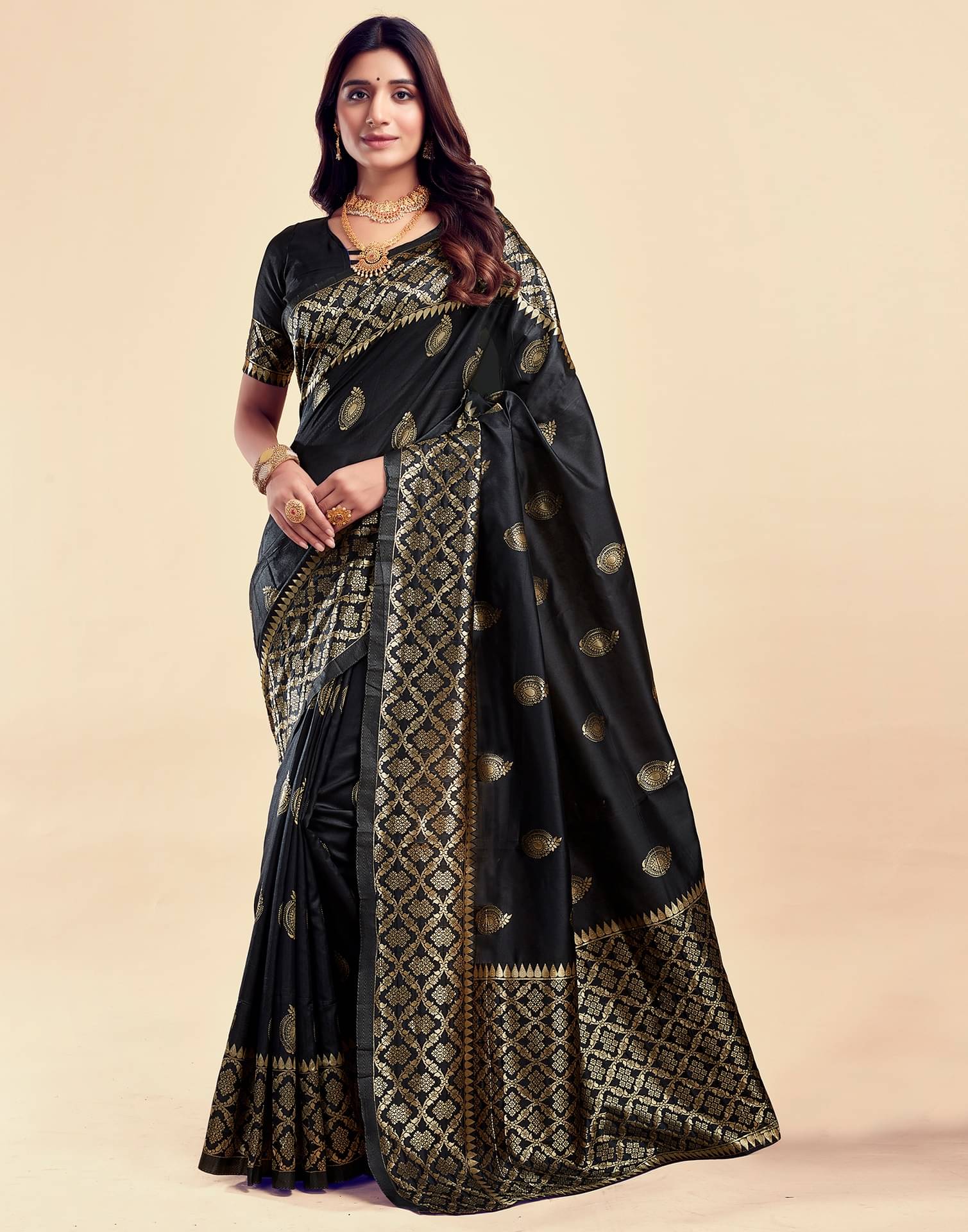     			WOVEN STOCK Cotton Silk Self Design Banarasi saree With Unstitched Blouse Piece ( Black )
