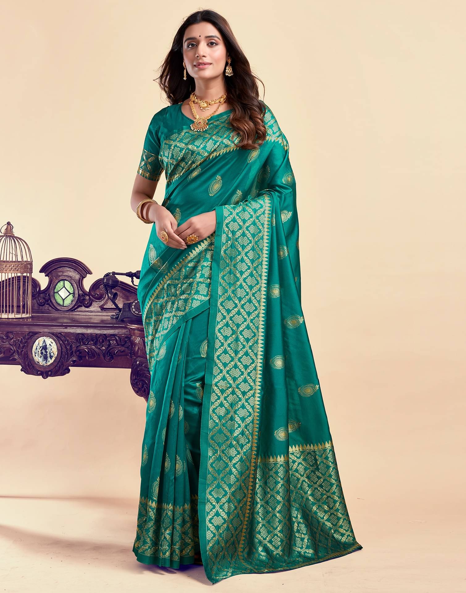     			WOVEN STOCK Cotton Silk Self Design Banarasi saree With Unstitched Blouse Piece ( Teal )