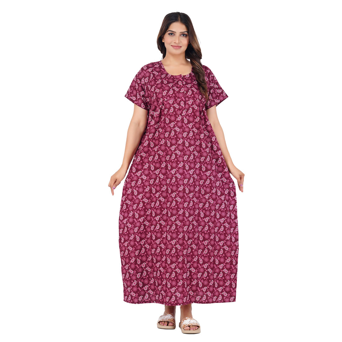 Wristy Maroon Cotton Women's Nightwear Nighty & Night Gowns ( Pack of 1 ) Wristy Maroon Cotton Women's Nightwear Nighty & Night Gowns ( Pack of 1 )