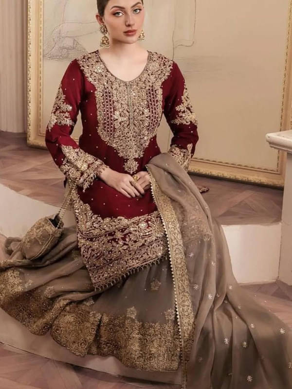 YASHASVI ENTERPRISE Women Georgette Embroidered Straight Kurti With Sharara And Gharara ( Maroon ) YASHASVI ENTERPRISE Women Georgette Embroidered Straight Kurti With Sharara And Gharara ( Maroon )