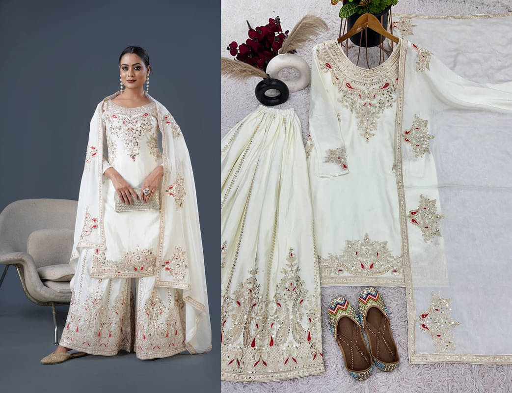     			rangvini Women Silk Embroidered Straight Kurti With Palazzo ( White )