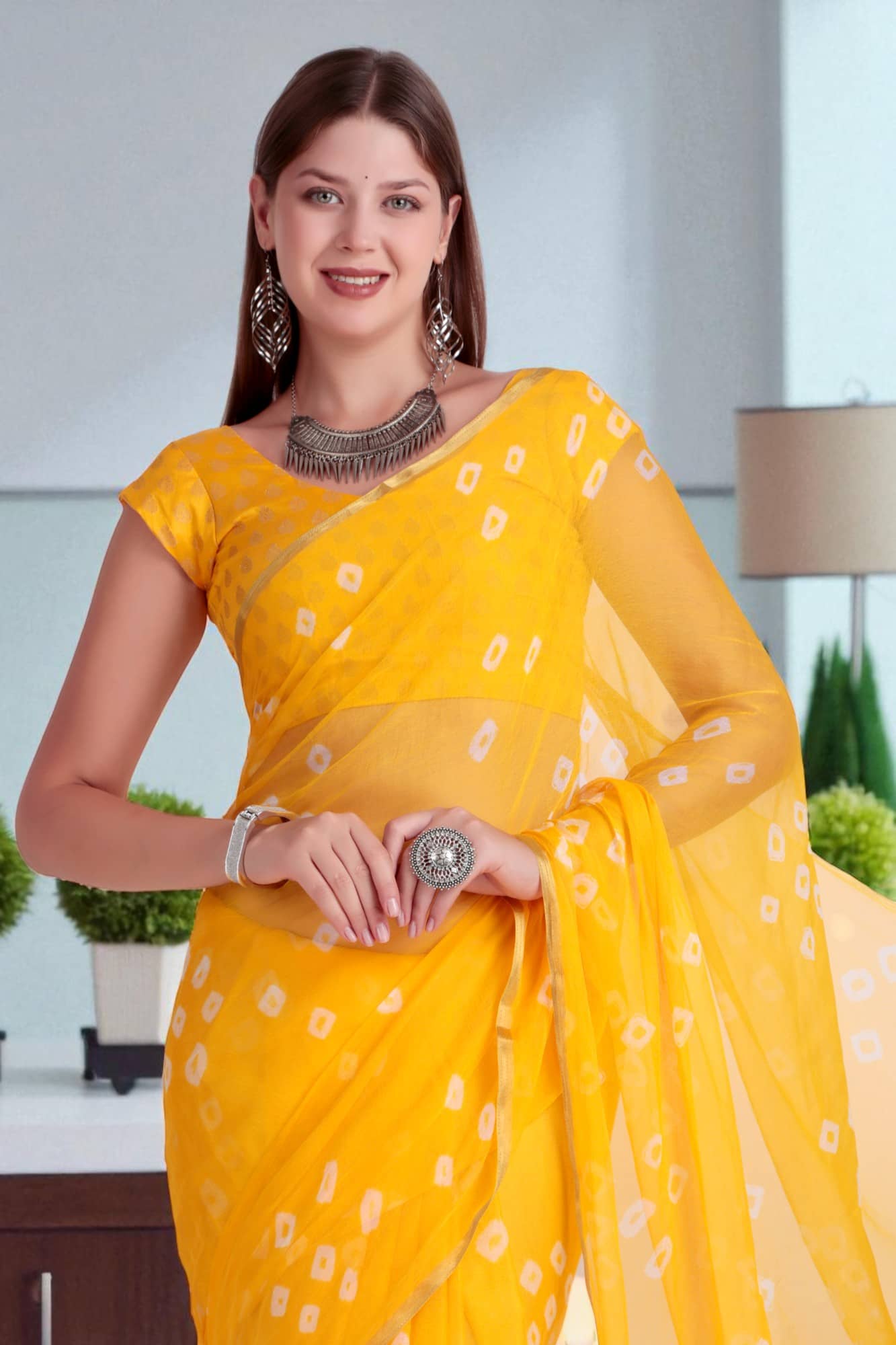 wanquila Chiffon Dyed Bandhani Sarees With Unstitched Blouse Piece ( Yellow ) - Sarees | Buy online on ZillyBuy