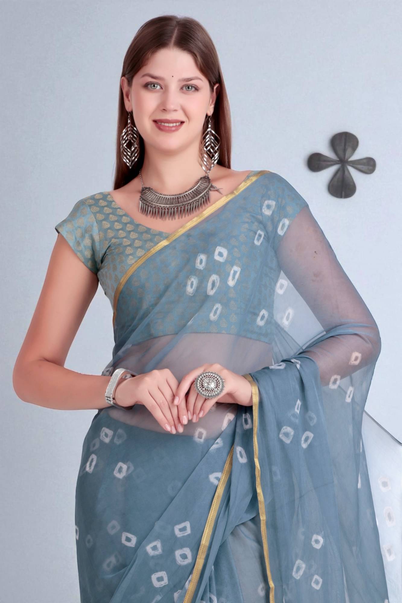 wanquila Chiffon Dyed Bandhani Sarees With Unstitched Blouse Piece ( Grey ) wanquila Chiffon Dyed Bandhani Sarees With Unstitched Blouse Piece ( Grey )