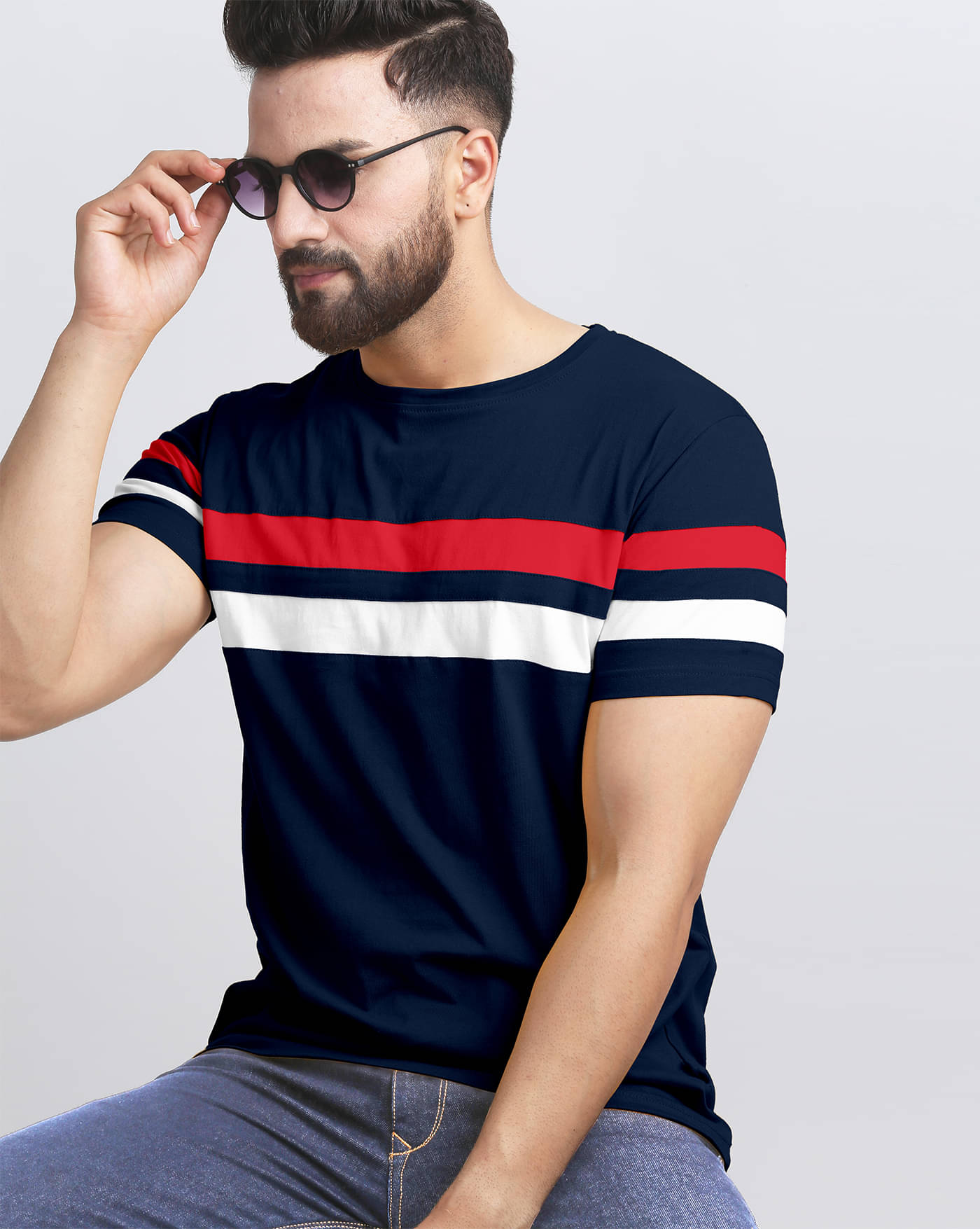     			AUSK Men Cotton Blend Regular Fit Striped T-Shirt ( Navy Blue )