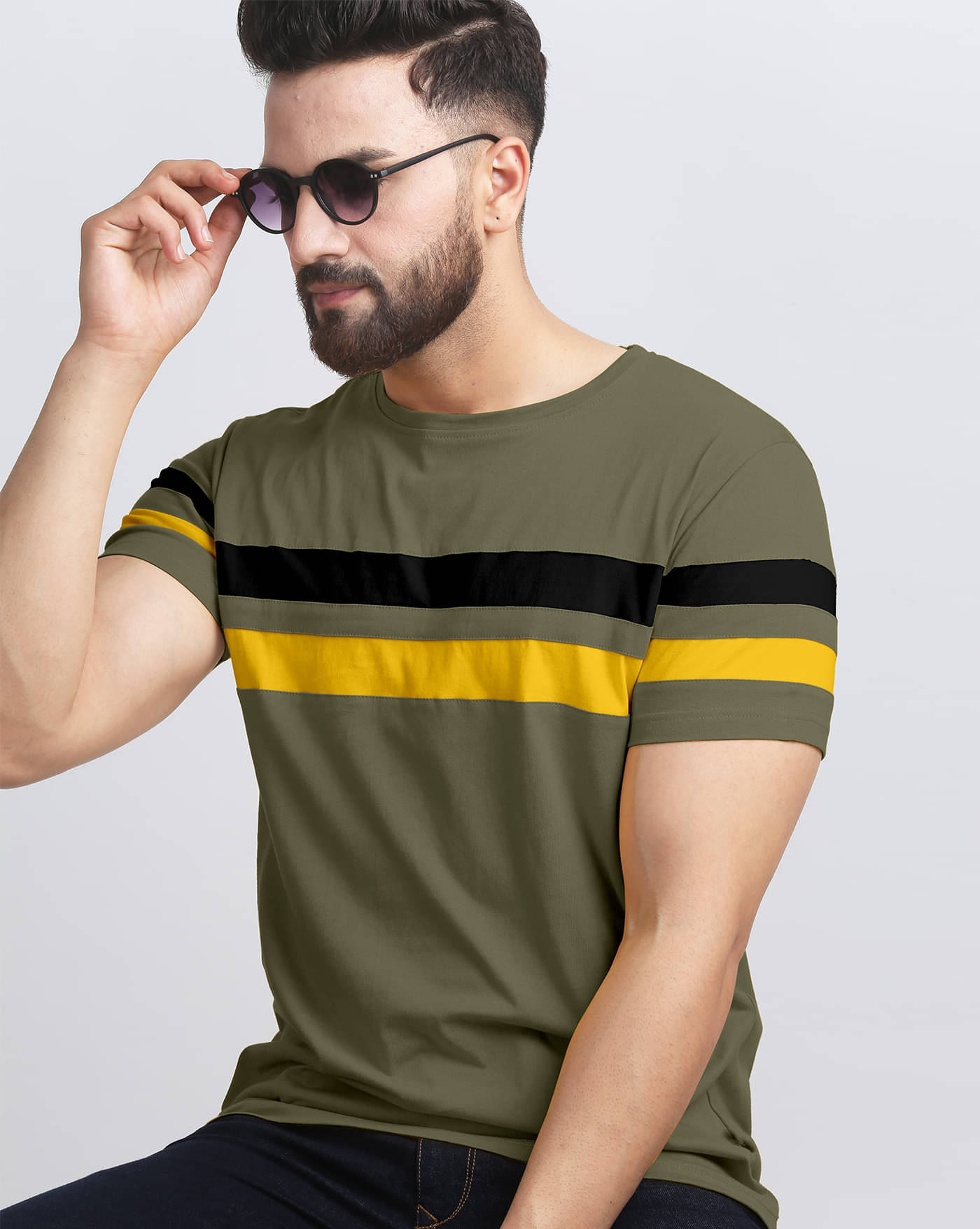 AUSK Men Cotton Blend Regular Fit Striped T-Shirt ( Olive )     			AUSK Men Cotton Blend Regular Fit Striped T-Shirt ( Olive )