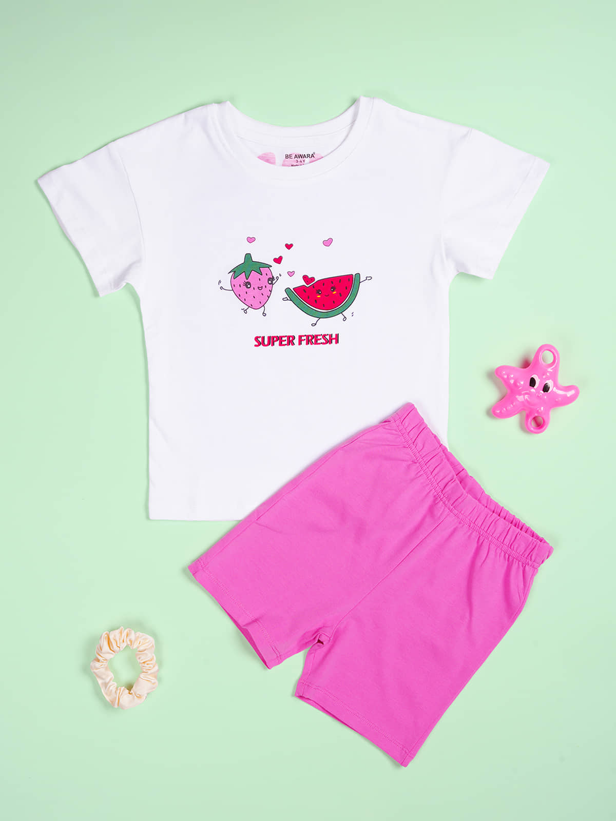 Be Awara Pack of 1 Girls 100% Cotton T-shirt & Shorts ( White )