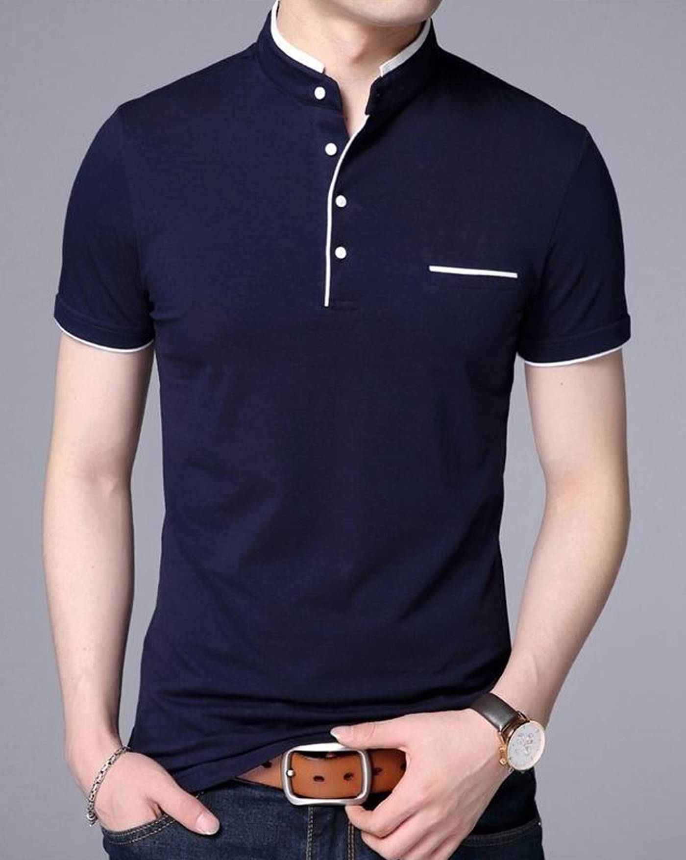     			ENITOR Men Cotton Blend Regular Fit Solid T-Shirt ( Navy Blue )