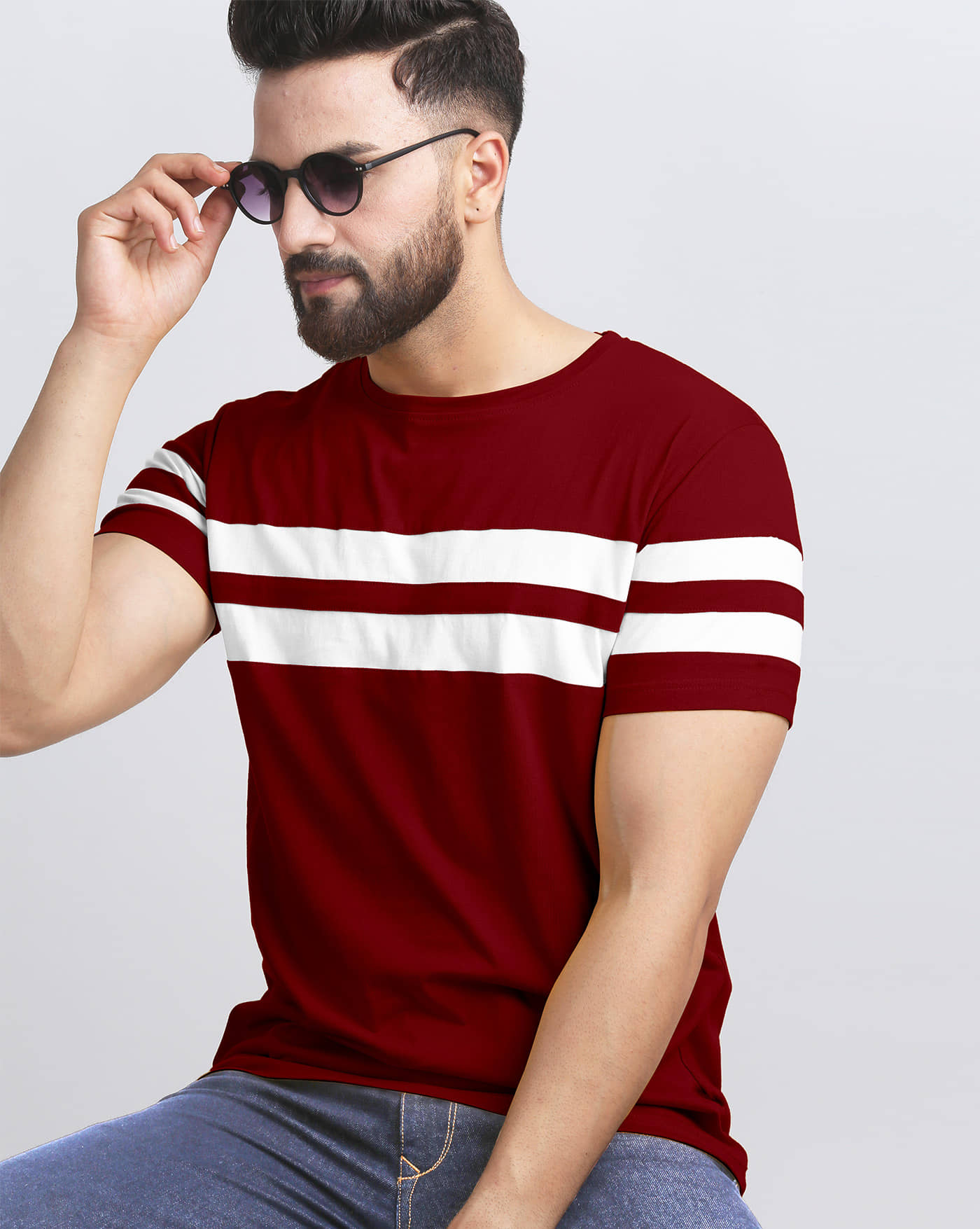 ENITOR Men Cotton Blend Regular Fit Striped T-Shirt ( Maroon )